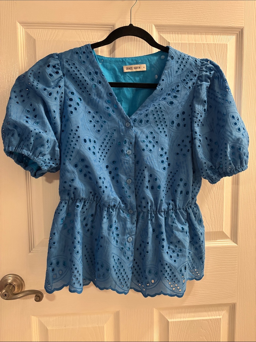 Grace Karin Sky Blue Eyelet Button-Front Peplum Blouse
